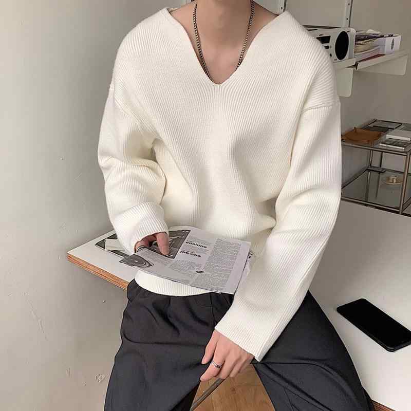 ニット メンズ Vネック セーター 秋冬 韓国 プルオーバー トップス 長袖 ルーズ ゆったり カジュアル スタイル 白 グレー 黒
