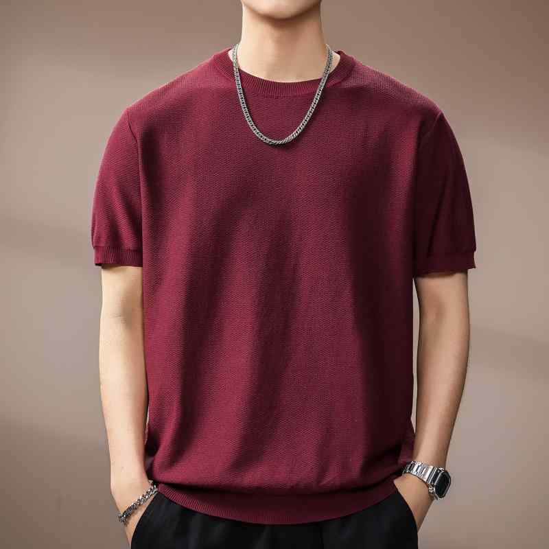 ニット メンズ 半袖ニットTシャツ 夏ニット スリムフィット クルーネック 無地 通気性 接触冷感 普段使い トップス カットソー 酒紅 白 黒 木緑 ?杏