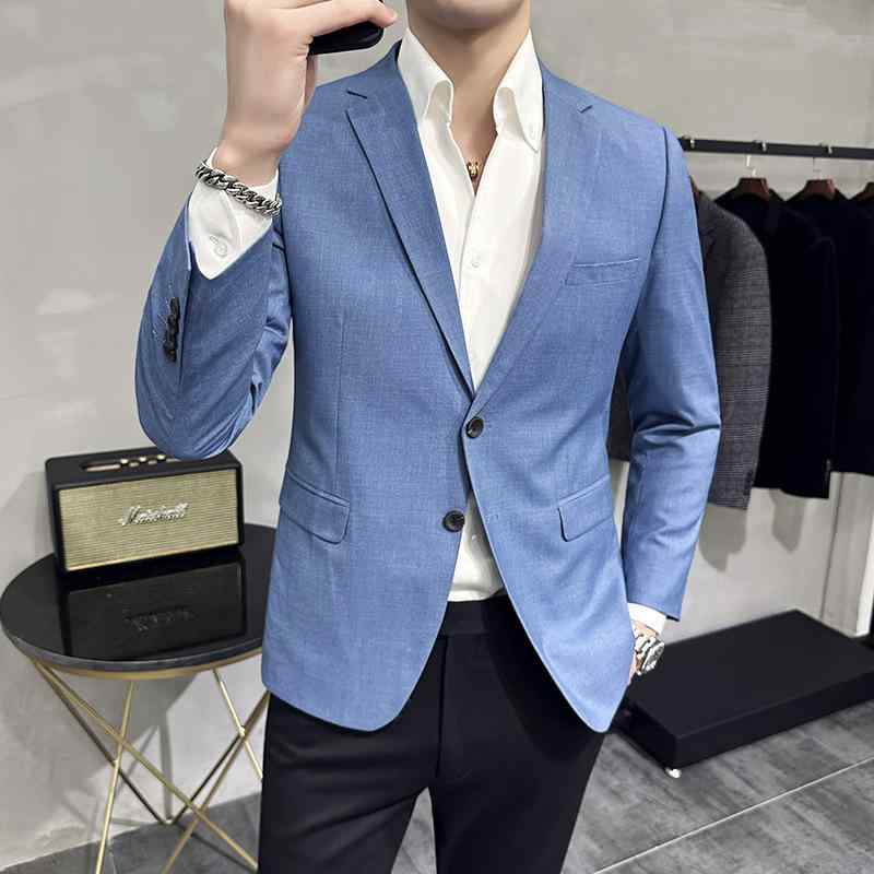 背広 メンズ 成人男性用 か細い相応う 心地好い 韓国 シングル乳ぶさ 2つ名取り草 無地 青色 綿 春 メンズファッション-スーツ・セットアップ-スーツ