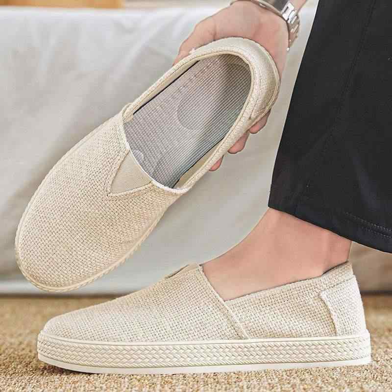 スニーカー メンズ 男性用 帆布 キャンバス 亜麻 リネン ローカット スリッポン absorbed性 通気性 デッキシューズ ラウンドトゥ ベージュ グレー ブラック