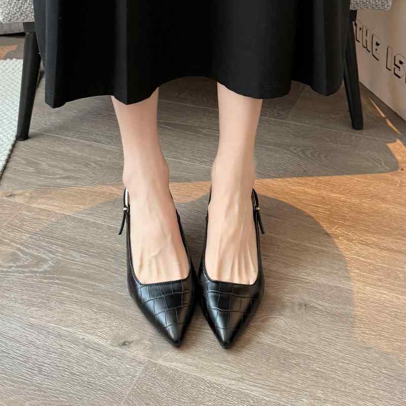 パンプス レディース ポインテッドトゥ ピンヒール バックストラップ サンダル 太め 幅広 大きいサイズ 春夏 秋 ストーン柄 PUレザー(x2)