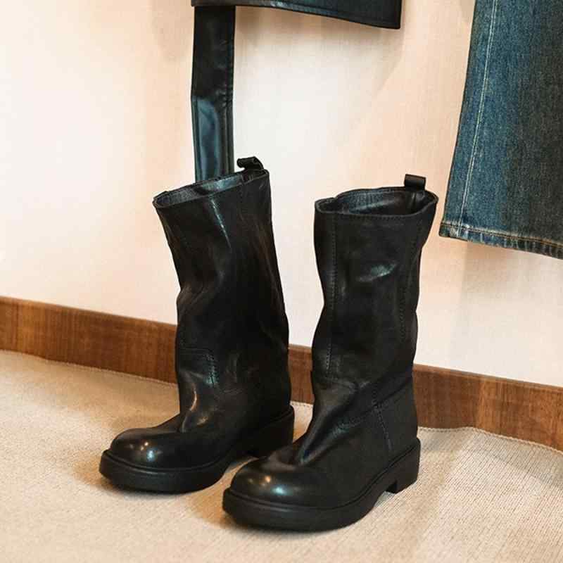 ブーツ レディース 牛皮 レトロ シワ産業 真っただ中丈 厚底 ラウンドトゥ 細押し出し 黒いこと 遊撃手ブーツ 引っ切り無い ウエスタンブーツ ライダースブーツ お上さん靴 年月
