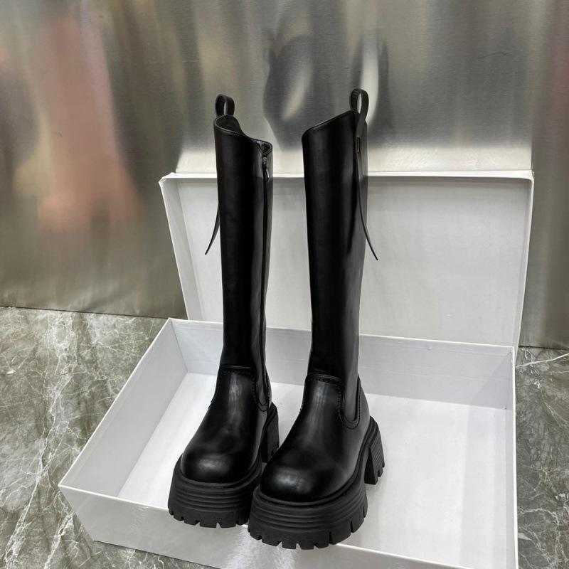 ブーツ レディース 厚底 美脚 ロングブーツ 秋冬 黒 ラウンドトゥ 伸縮性 雨合羽台 履き分かりやすい 心地よい(x2)