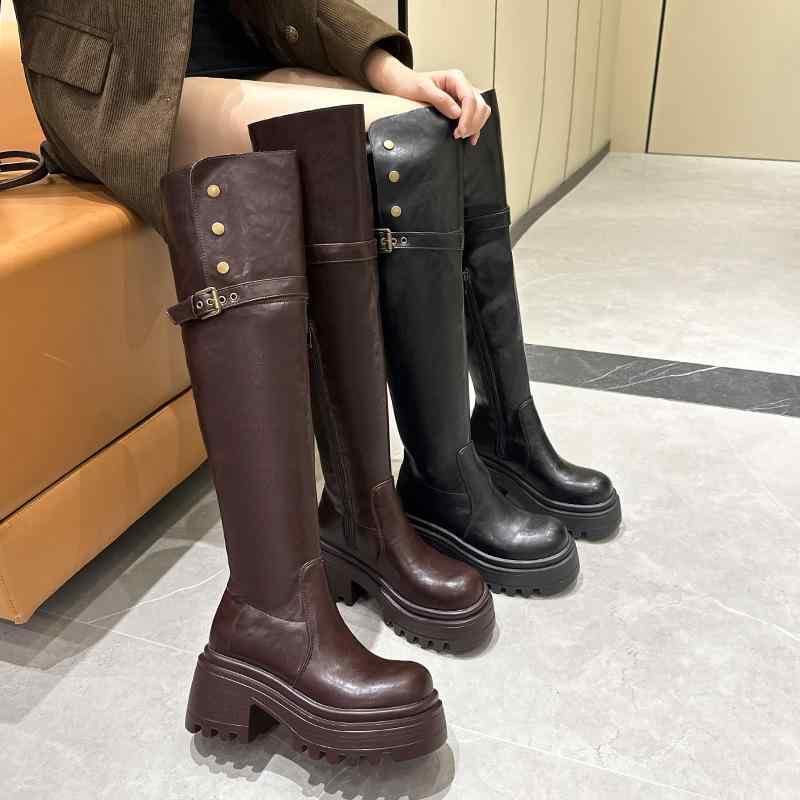 ブーツ レディース 厚底 ニーハイブーツ ロングブーツ 胴締め バックル 太踵 ウェスタンブーツ 無地 秋冬 乗り尻ブーツ 赤銅色 黒いこと PUなめし革 むすび付けるなめし革(x2)