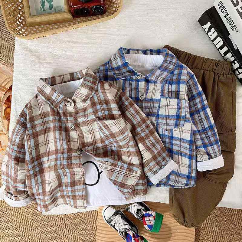 キッズ ボーイズ 秋物 セットアップ 格子柄 シャツ パンツ 上下セット 3点セット 長袖 子供服 普段着 おしゃれ 80cm 90cm 100cm 110cm 120cm