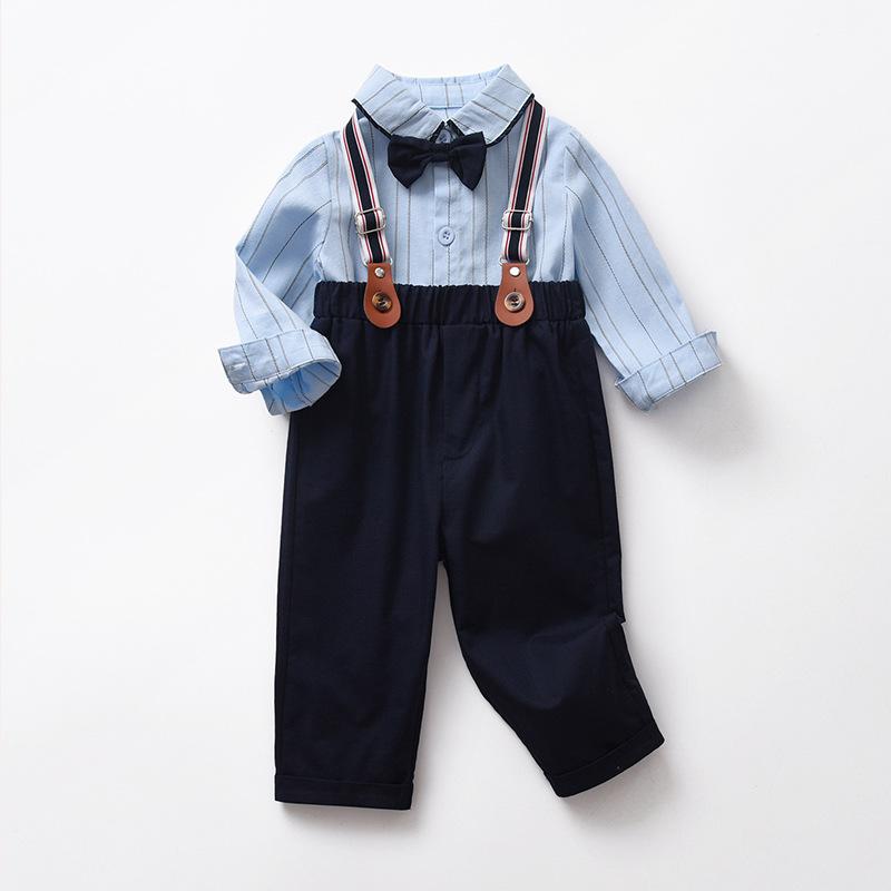 子供服 セットアップ 長袖シャツ 春秋 ベビー フォーマル 紳士風 2点セット 背広 ズボン 綿100％ ストライプ柄 60 70 80 90 100