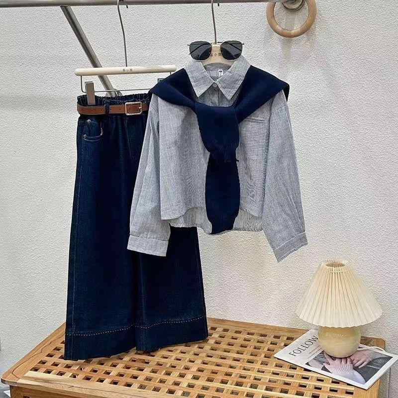 子供服 女の子 秋物 デニムパンツ セットアップ 長袖シャツ 3点セット ガールズ カジュアル 普段着