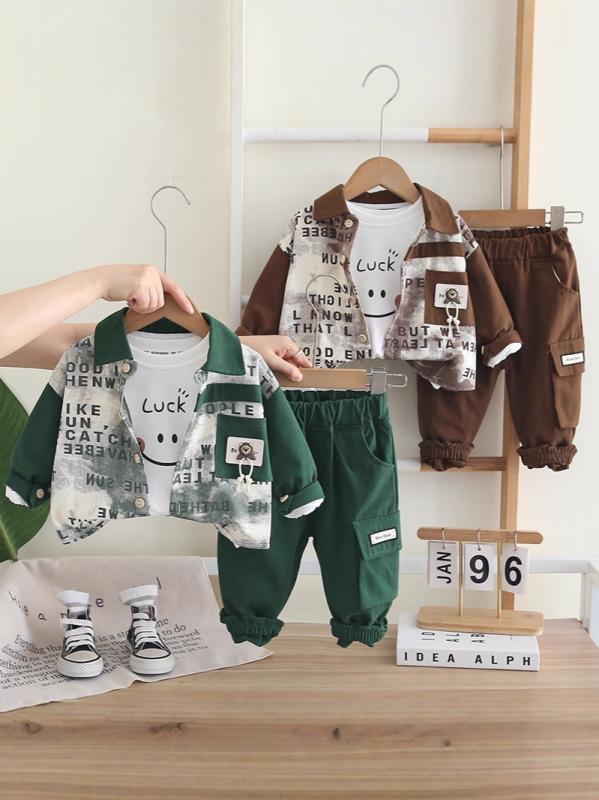 子供服 男の子 秋物 セットアップ 長袖シャツ ロングパンツ 3点セット ベビー服 幼児 普段着 韓国風 おしゃれ かわいい 綿 春秋 グリーン コーヒー色