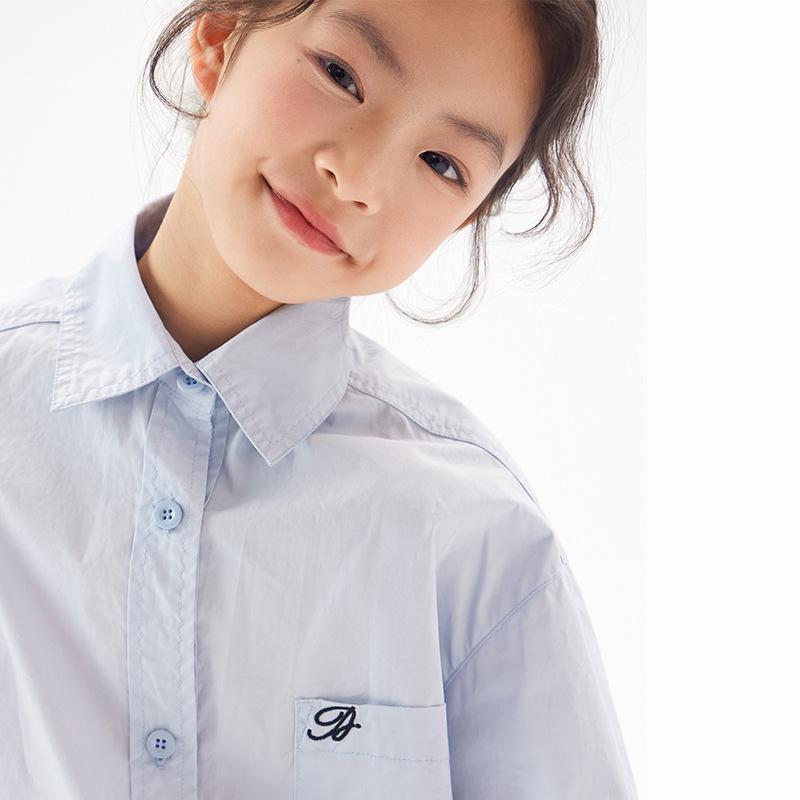シャツ キッズ 子供服 長袖 襟付き 春秋 トップス 女の子 中学生 高校生 コットン 100% ブルー