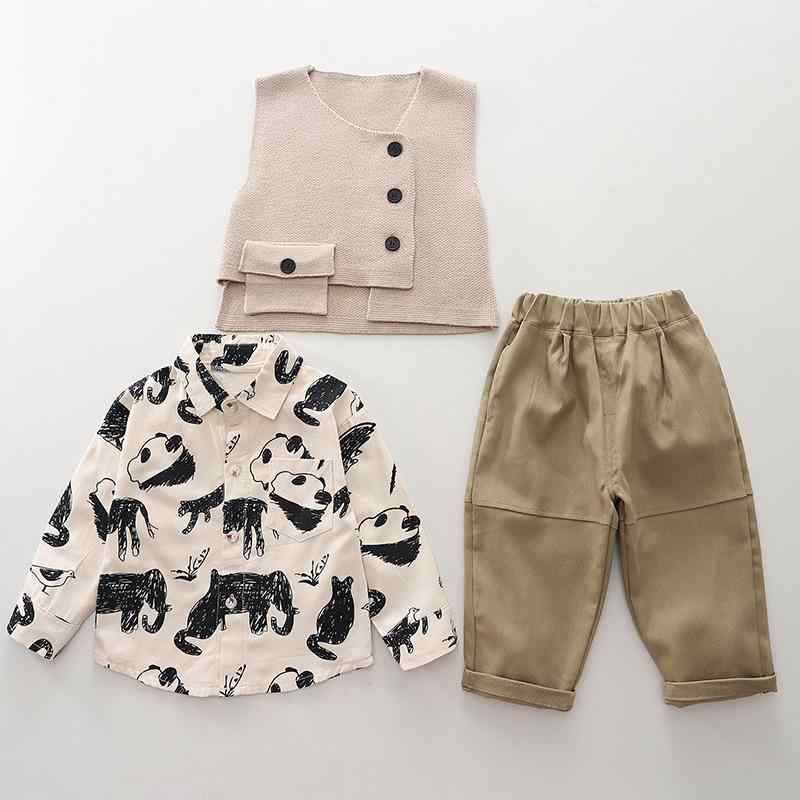 子供服 男の子 春秋 長袖シャツ ベスト パンツ 3点セット 幼児 ベビー カジュアル 綿 アニマル柄