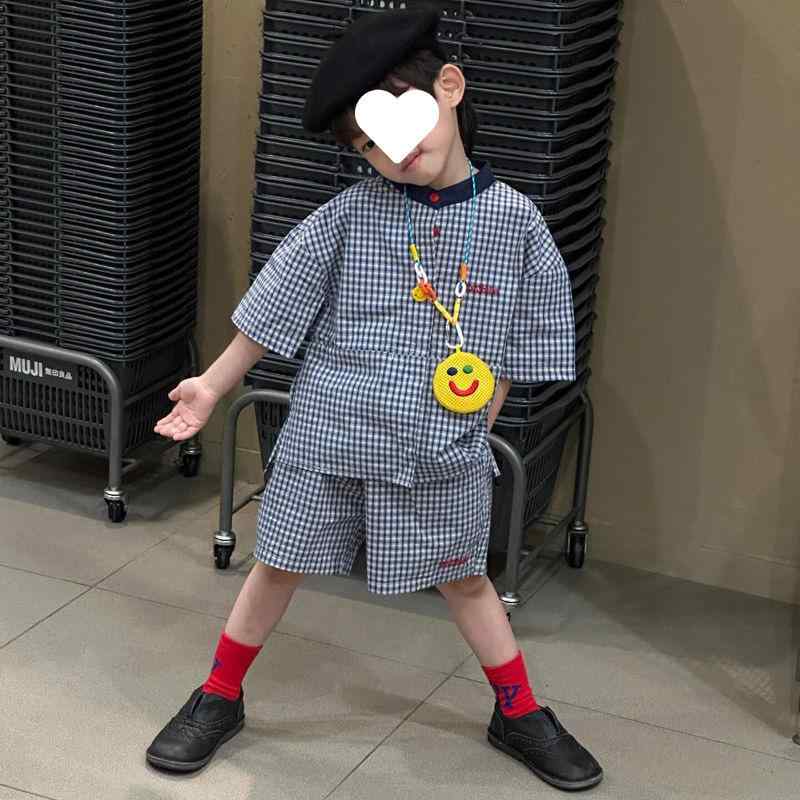 子供服 シャツ パンツ 上下セット 半袖 格子柄 コットン 薄手 男の子 中学生 ブルー系