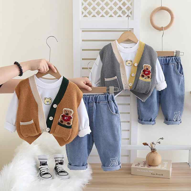キッズ ベビー服 長袖シャツ パンツ 上下3点セット 春秋 幼児 男の子 ボーイズ コットン カジュアル かわいい プリント 土黄色 グレー 80cm 90cm 100cm 110cm 120cm