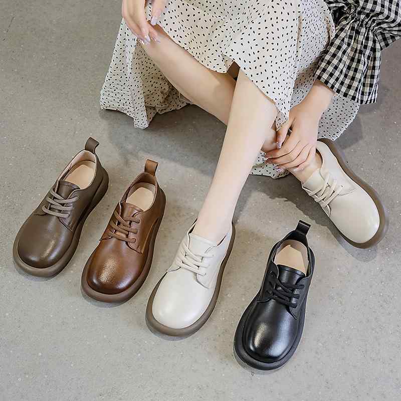 靴 レディース ローファー パンプス ラウンドトゥ チャンキーヒール 紐 春 靴 婦人靴 疲れない 柔らかい ソフト PUレザー ブラック ブラウン ベージュ 歩きやすい 普段使い