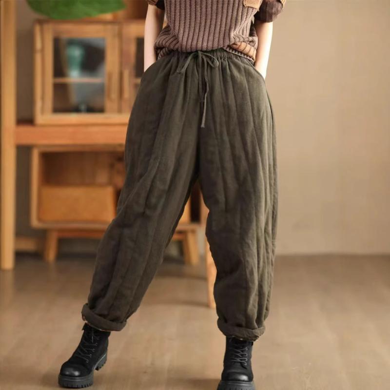 パンツ レディース 亜麻 リネン 厚手 裏地格子 中綿 キルティング 冬用 ロングパンツ 紫紅色 黒 カーキ 復古グリーン ゆったり 中厚手(x2)
