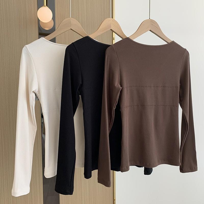 ブラ付きトップス レディース あったかインナー Vネック 長袖 M L XL 黒 ブラック 白 オフホワイト ブラウン 快適 保温 秋冬