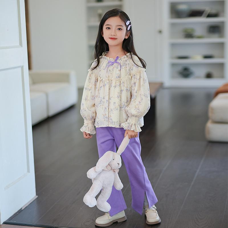 子供服 セットアップ 花柄シャツ 長ズボン 2点セット 女の子 ガールズ 普段着 長袖 聚???(??) 秋