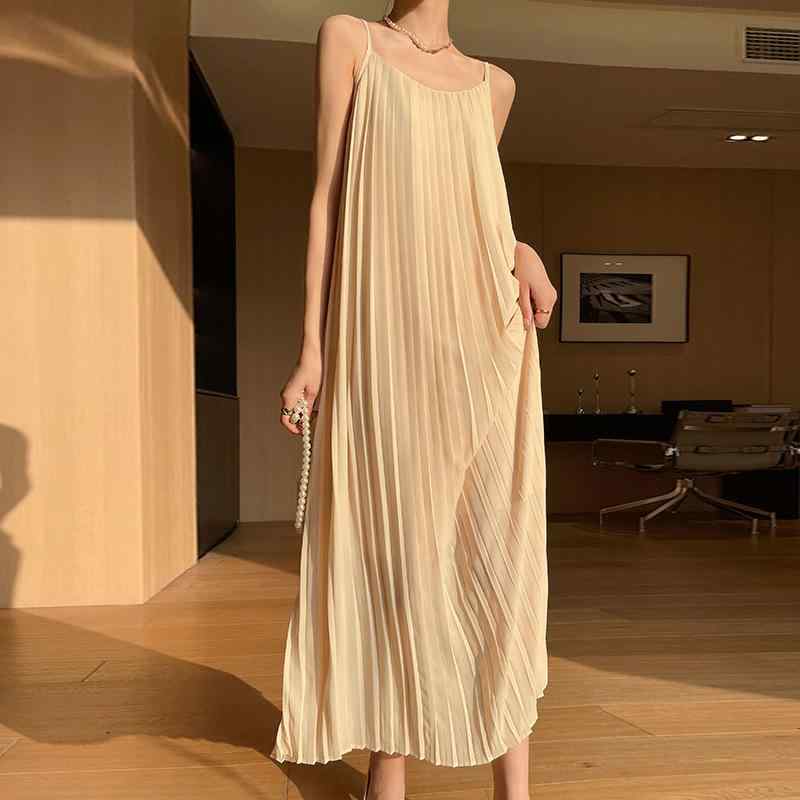 ワンピース レディース 真? シルク ノースリーブ サマーワンピース 百褶 プリーツ Aライン ロングワンピース シャンパンゴールド ピーチ ピンク グリーン イエロー オリーブ ブルー パープル グレー ブラック ホワイト M L XL 2XL 通勤