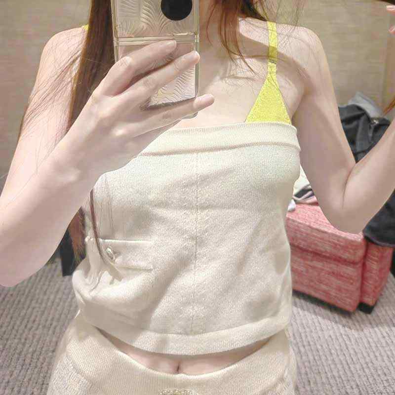 タンクトップ レディース ニット チューブトップ バイカラー へそ出し ショート丈 スリムフィット かわいい｜ブリルビ