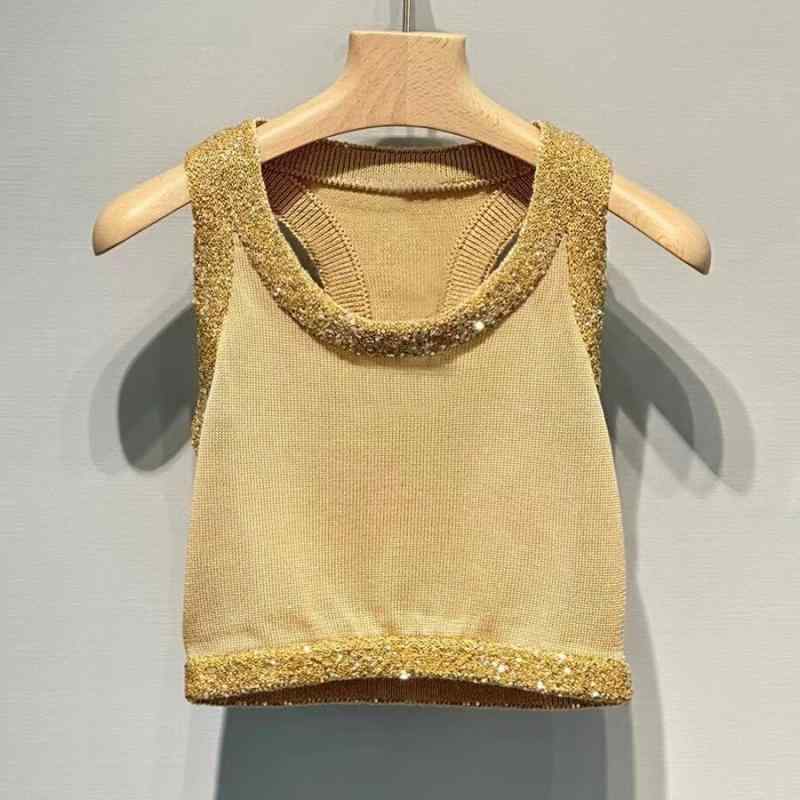 ニット レディース ニットベスト ノースリーブ スパンコール 羊毛 プルオーバー イエロー 春 小香風 重ね着 レイヤード 大人 かわいい おしゃれ｜ブリルビ