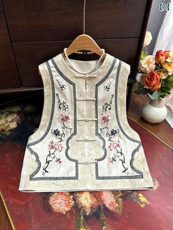 ベスト レディース 春夏 チャイナスタイル 刺繍 立ち襟 ノースリーブ 緞子 ポリエステル レトロ ママ 母 ミセス 婦人服 お母さん 普段着｜ブリルビ