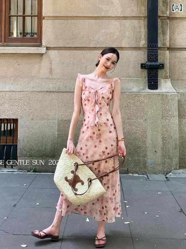 ワンピース レディース 春夏 高腰 Vネック ノースリーブ 膝丈ワンピース リゾートワンピース 花柄 ポリエステル レッド ブルー2|ブリルビ
