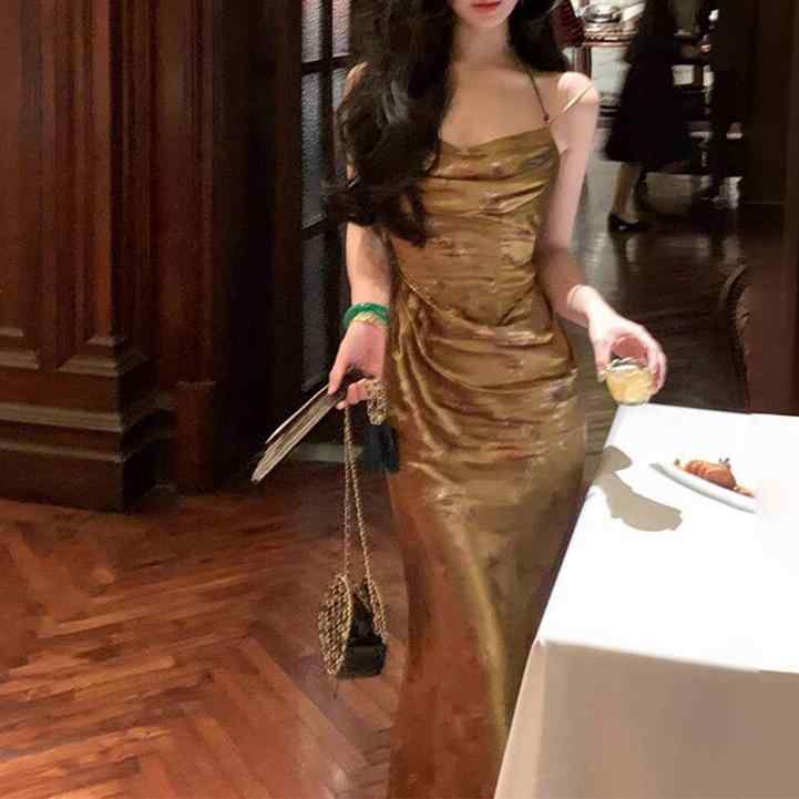 ワンピース レディース セクシー 吊り下げ紐 ?? ロングワンピース ポリエステル 花柄 古銅金 パーティードレス キャミソールワンピース