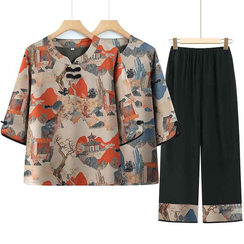 Tシャツ レディース 夏 カジュアル 半袖 セットアップ 高齢者 婦人服 普段使い ポリエステル レッド ブルー系
