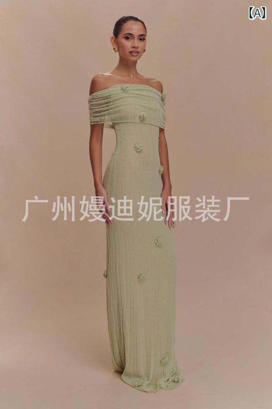 ワンピース レディース 無袖 ニットワンピース 一字肩 ロングワンピース 浮き花 ギャザー 高腰 欧美風 エレガント ポリエステル(x2)