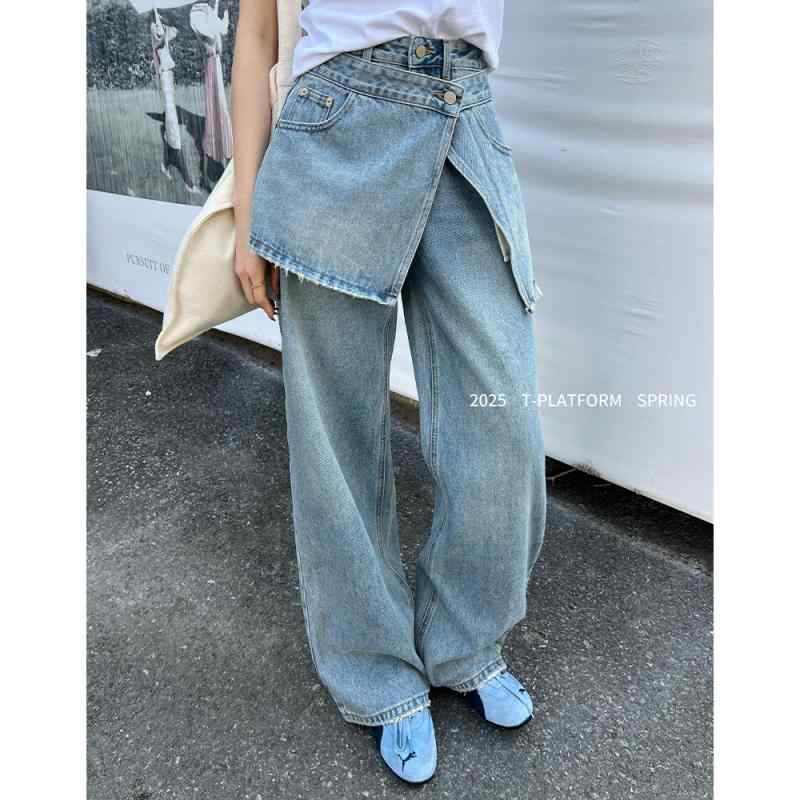 デニム レディース パンツ スカート付き ワイドレッグ ハイウエスト 切り替え ジーンズ デニムブルー ブラック ホワイト ブルー S M L XL 日韓スタイル｜ブリルビ