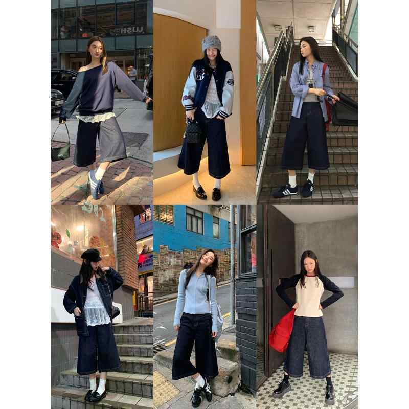 デニム レディース 8分丈 ワイドパンツ 春夏 ローライズ ジーンズ ボタン付き ゆったり ストレート カラー