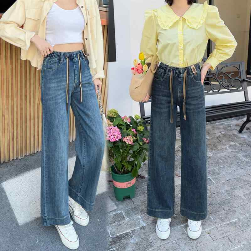 デニム レディース ジーンズ パンツ 春 高見え 高腰 ゆったり ストレートパンツ ジーパン ズボン カジュアル ボトムス 美脚 スタイルアップ 水色 グレー(x3)