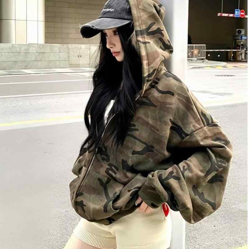 パーカー レディース アメリカン レトロ 迷彩柄 フード付き 長袖 ジップアップ トップス ゆったり 文芸 ?古 ポリエステル Y8058迷彩