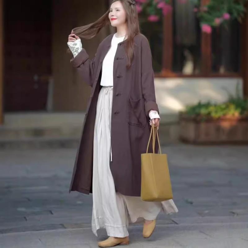コート レディース 大きいサイズ ゆったり コットンリネン 中国風 ロング丈 アウター レトロ ラウンドネック 長袖 風 通気性(x5)