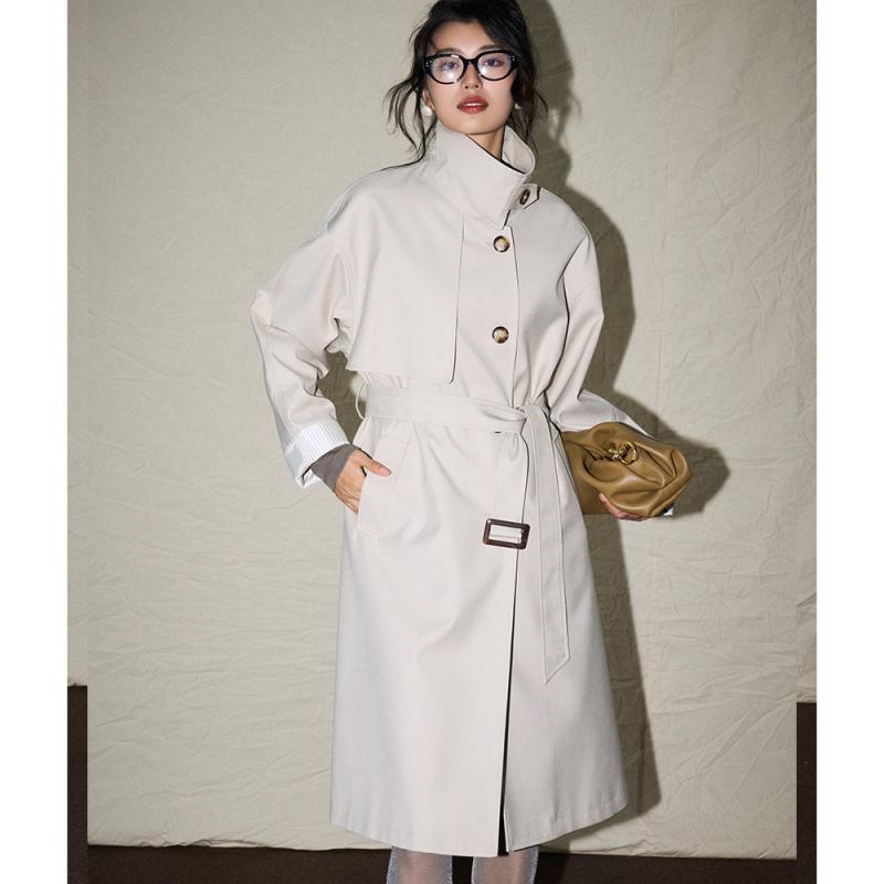 コート レディース 韓国 ゆったりシルエット レトロ 立襟 ミドル丈 ポリエステル 粘・屬?? ベージュ カーキ 秋冬