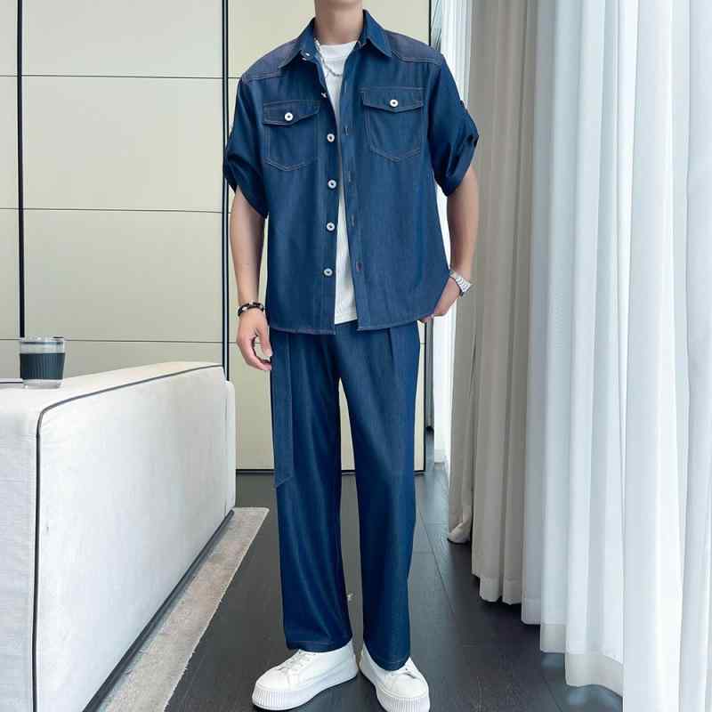 メンズ デニム 半袖シャツ & パンツ セットアップ 薄手 男性用 紳士服 カジュアル スタイル 普段使い ファッション 夏 ブラック ブルー