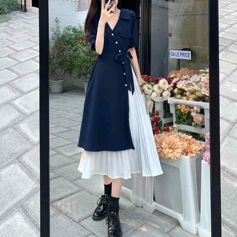 ワンピース レディース Vネック Aライン 半袖 膝丈 ポリエステル 春夏 浅ブルー 紺色 ピンク系 オレンジレッド(x5)
