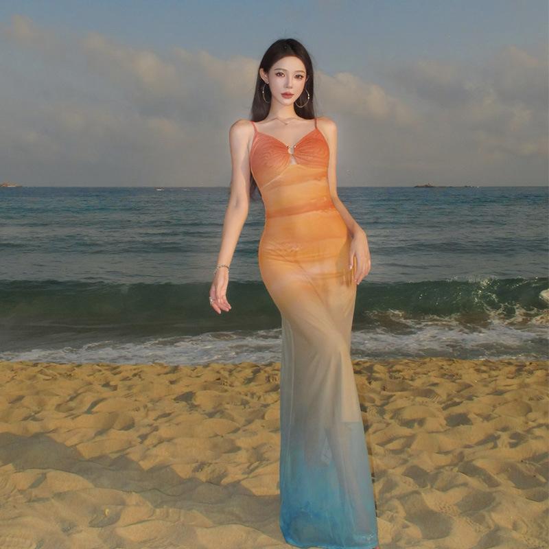 ワンピース レディース セクシー 網紗 メッシュ 花柄 ノースリーブ ロング Aライン Vネック 高見え グラデーション リゾート ビーチ バカンス パーティー ドレス ポリエステル かわいい(x2)