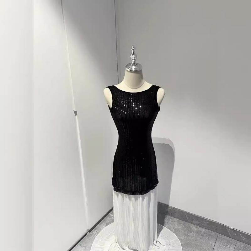 ワンピース レディース 黒 白 切り替え Vネック Aライン 無袖 ロング丈 3D 普段使い パーティー ドレス｜ブリルビ