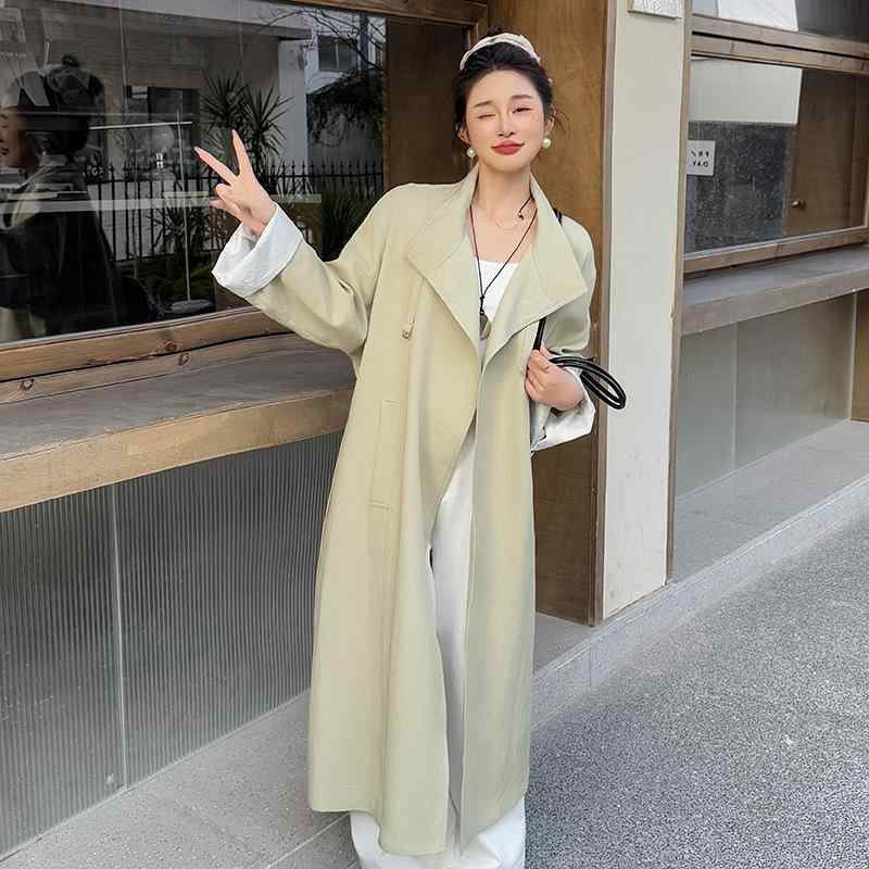 コート レディース 春秋 ロング丈 配色 切り替え ゆったり カジュアル 通勤 オフィス ミディアム丈 ミカ色 紺色