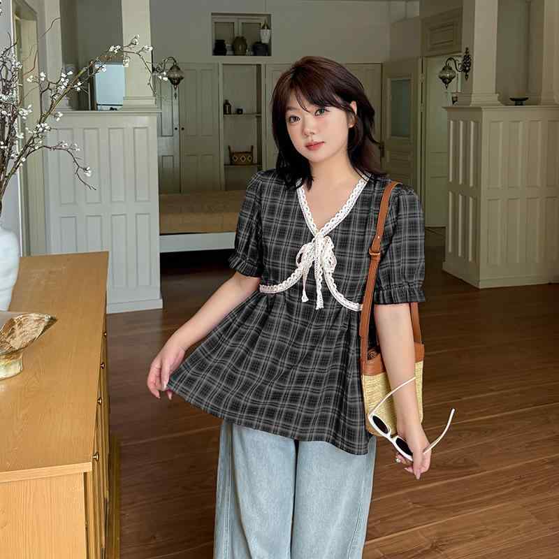 トップス レディース 大きいサイズ ぽっちゃり 格子柄 襟付き 半袖 Ｔシャツ ブラウス カットソー 接触冷感 涼感 Vネック パフスリーブ ゆったり かわいい 黒 ブラック 赤 レッド XL 2XL 3XL 4XL(x3)