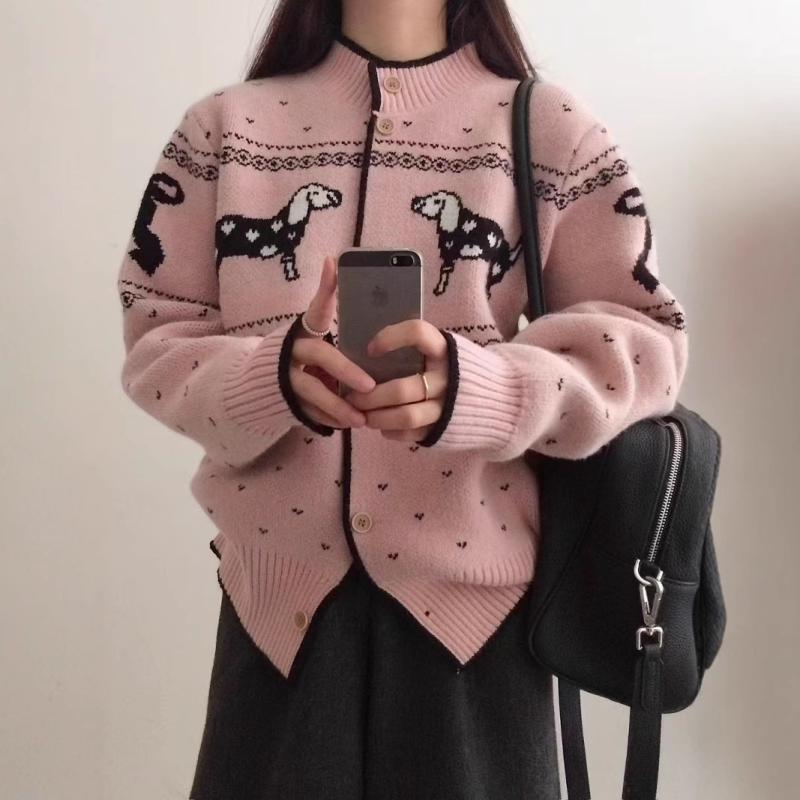 編み物 レディース 韓国 ジレー トップス 秋冬 ポンチ絵 犬柄 ジャカード ポリエステル 普段使い走り 長袖 丸首 さくら色系(x2)