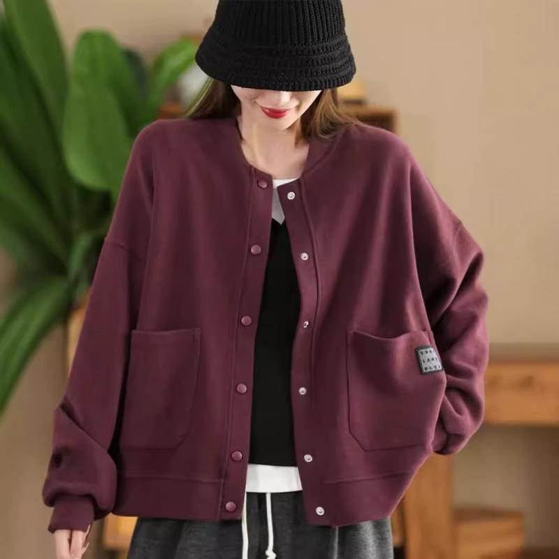 編み物 レディース 編み物ジレー 綿 立襟 ベイスボール服風 ジレー トップス 衣嚢付き添い人 無地 長袖 黒いこと 緑であること ぶどう酒赤いこと 薄墨色 秋冬(x2)