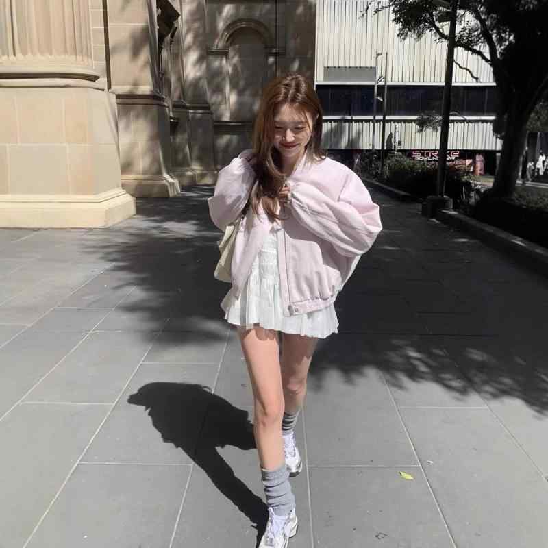 ジャケット レディース 春物 ライトアウター ショート丈 婦人服 ルーズフィット 韓国 襟付き 長袖 無地 普段使い デイリー 浅いピンク 深い青|ブリルビ