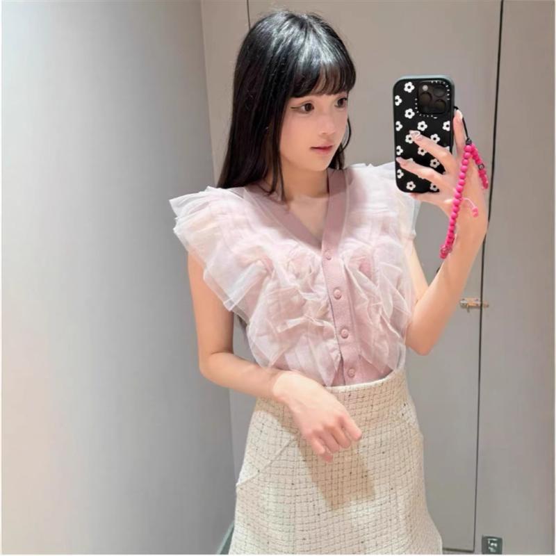 ニット レディース Vネック 無袖 トップス 春夏 薄手 きれいめ 通勤 かわいい ガーリー フェミニン オフィスカジュアル ホワイト ブラック ピンク系(x2)｜ブリルビ