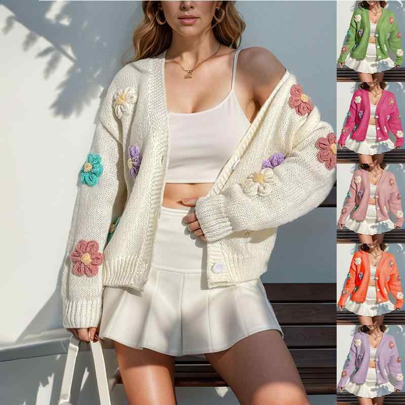 カーディガン レディース ニット 手編み 花柄 長袖 loose ビスコース ポリエステル かわいい 春(x10)|ブリルビ