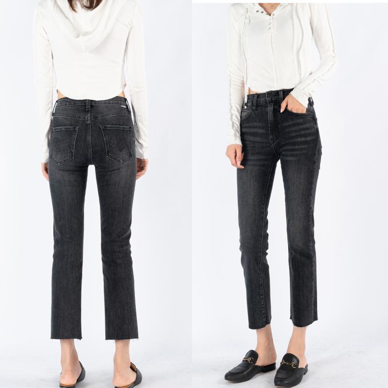 デニムパンツ レディース 秋冬 グレー 中間丈 ストレート ウォッシュ加工 綿混紡 伸縮性(x2)|ブリルビ