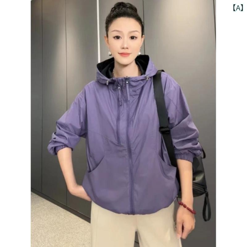 上衣 レディース 綿混紡 ボンネット付き添い人 透け透け 春物 ゆったり大きさ 心地よい アウター 紫色 当たること冷感(x2)