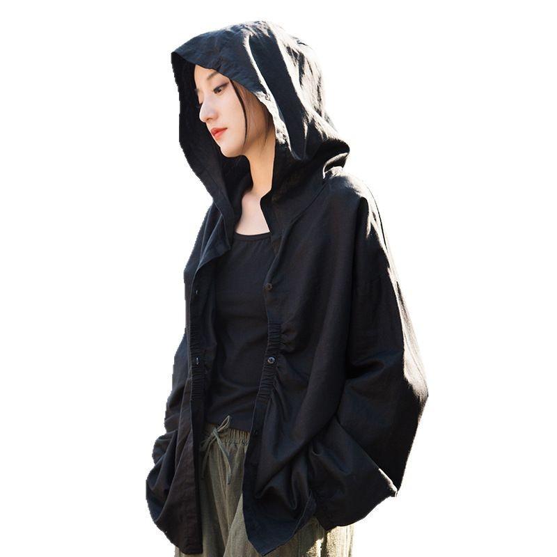 アウター レディース 亜麻 綿 春夏 砂洗 リネン コットン ゆったり フード付き 長袖 UVカット 日焼け防止 文芸風 トップス カーディガン 羽織り 素 белый 墨 black 焦糖色 カラメル