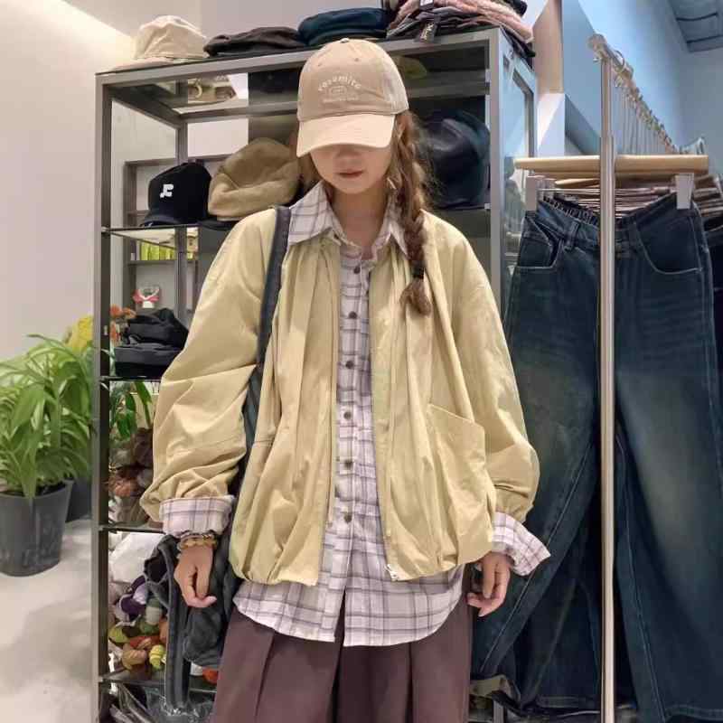 ジャケット レディース 麻 リネン 秋物 レトロ風 長袖 ゆったり 薄手 ブルゾン ラウンドネック ジップアップ アウター(x2)｜ブリルビ