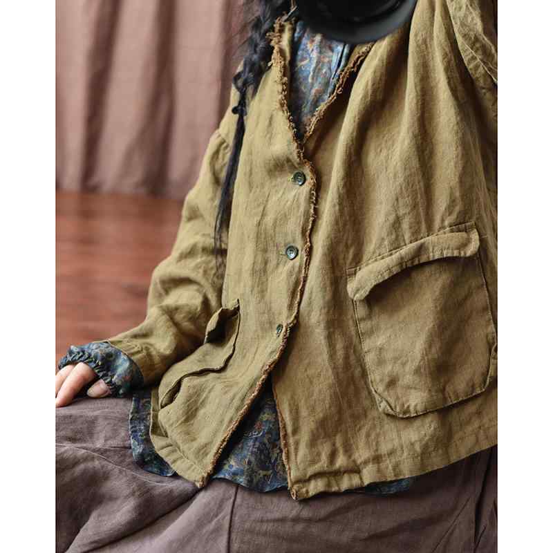 上衣 レディース 麻 リネン 短かめ丈 小さめ大きさ ウォッシュド製作 切りっぱなし 西洋風 オリーブ緑であること サクラ色系 赤銅色系(x2)